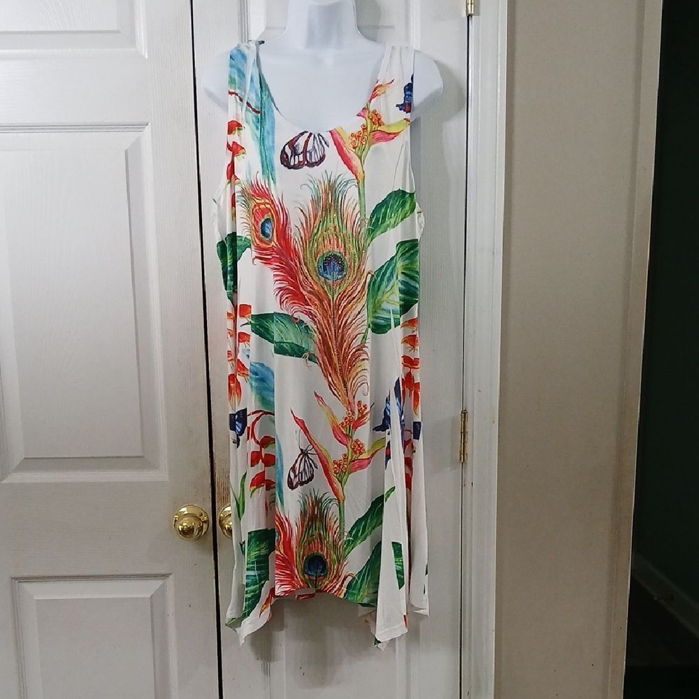 Shoreline Razorback beach dress coverup butterflies peacock feather Sz L/XL NWOT